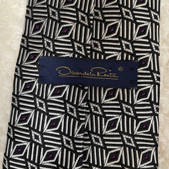 Oscar de la Renta Silk Neck Tie Geometric Print Black White Purple - Picture 6 of 7